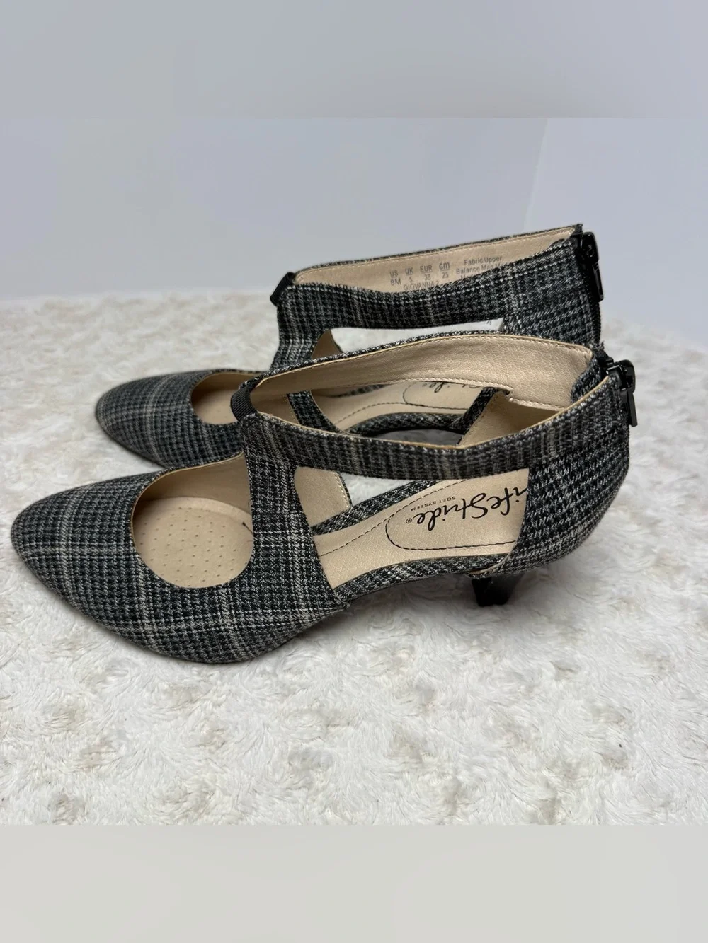 Life Stride Black & Gray Plaid Pointed T-Strap Heels with Back Zip